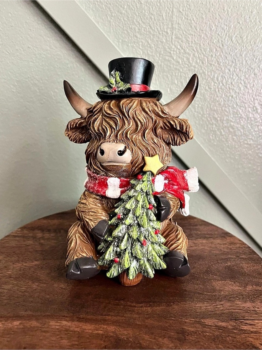 New Highland Cow Christmas Figurine with Tree and Top Hat